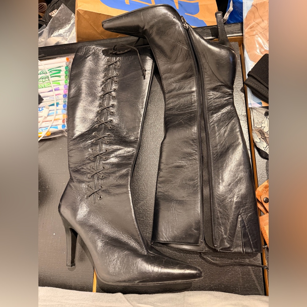 COUP D ETAT LEATHER RETRO VINTAGE 90S piont TOE SZ 8.5 Black Knee-High Boot